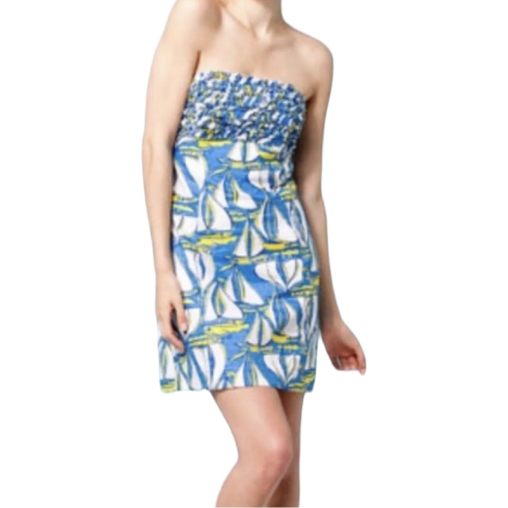 Lilly Pulitzer Blue and Yellow Strapless Mini Dress